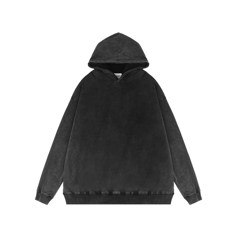American vintage street wash hoodie oversize fashion solid color matching top distressed hoodie men