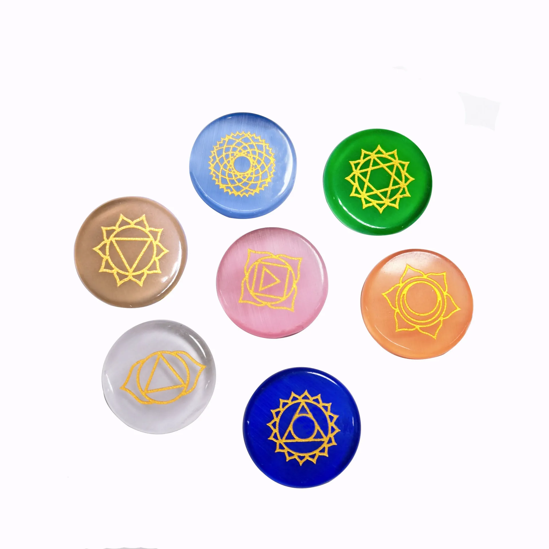 Colorful Cat Eye Stone Natural Crystal 7 Chakra Stone Kit Crystal Engraving Reiki Symbol Energy Yoga Healing Stone Wholesale