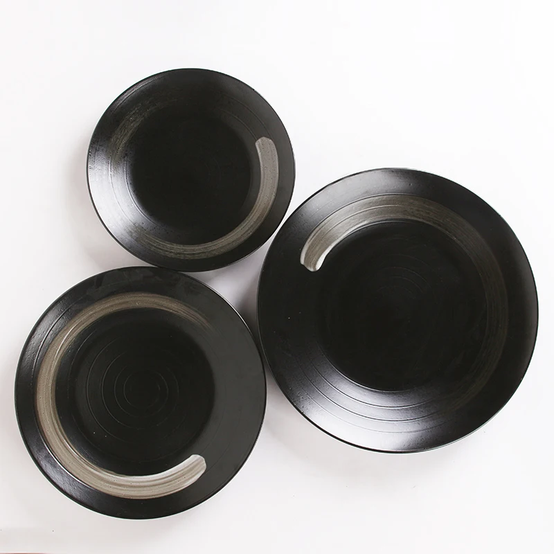 Creativity black round Japanese porcelain cafeteria food tray prices restaurant kitchen serving dinner bowls sushi plates charge