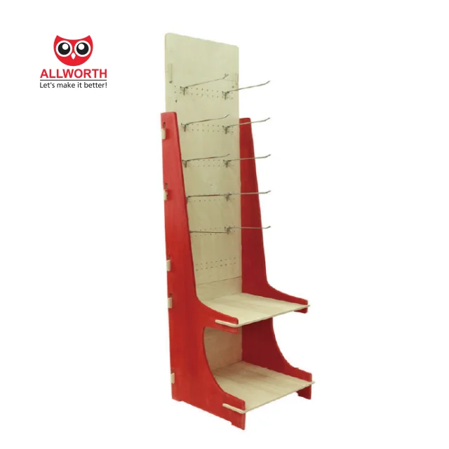 Free Standing Beverage Display Creative Light Weight With Hooks Wooden Display Shelving Rack