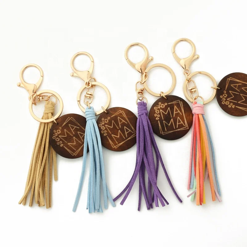 factory cheap wood carved tassel keychain,  wood keychain with tassel, wooden beads wristlet tassel keychain with card hold