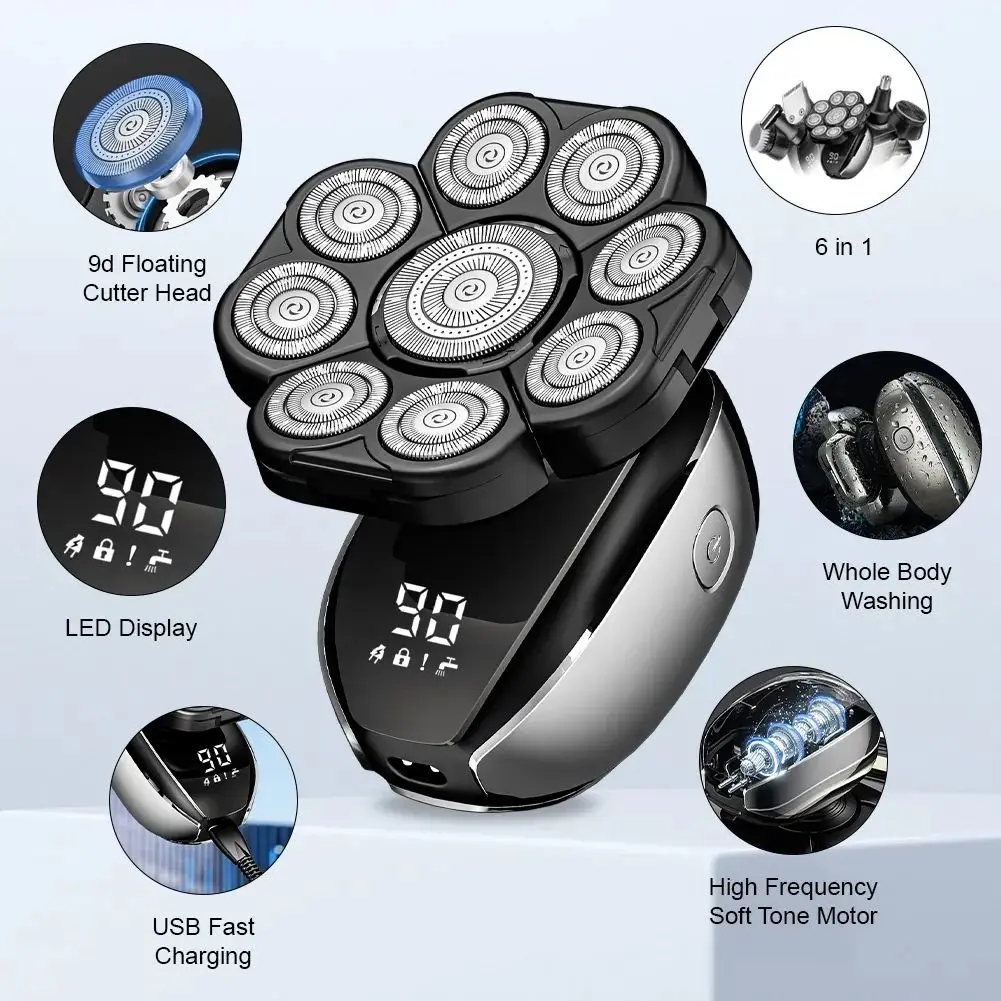2024 New 6 in 1 Waterproof Grooming Kit  9 Heads Shaver USB Rechargeable Electric Shaver for Men  razor