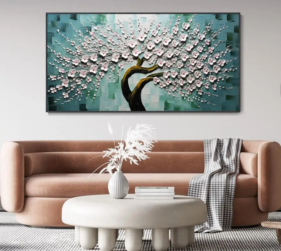 100% Hand Painted Tree Plant Canvas Art White Flower Tree Wall Decor Painting Fashion Wall Decor Art Living Room