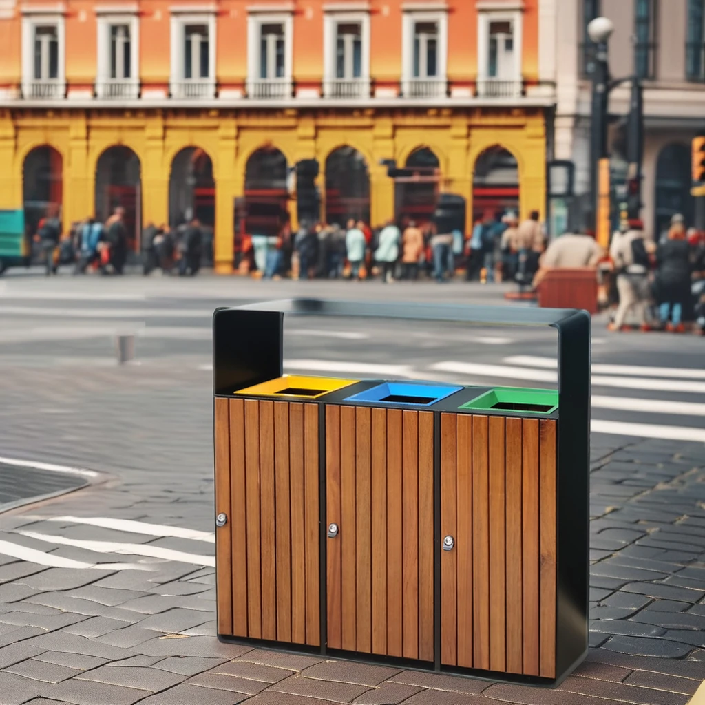 Commercial Outdoor Trash Can Bin 60L Rectangular Wood Nature Lid Plastic Stainless Colorful Open Mouth Design Storage