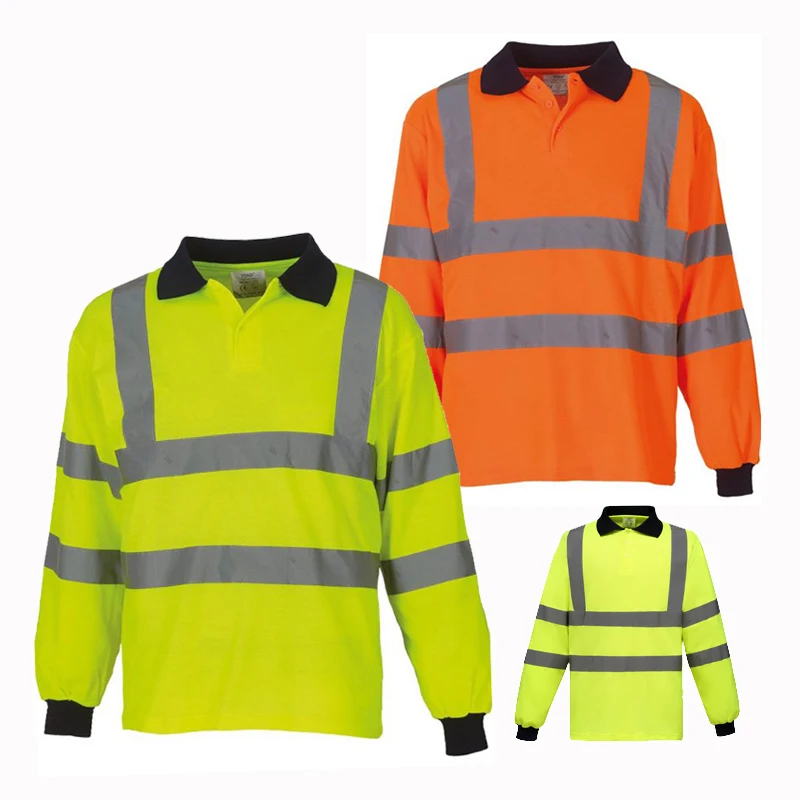 EN ISO 20471 Class 2/ ANSI Class 2 100% Polyester High Visibility Reflective Polo Shirt Flu Yellow Long Sleeve Safety T-shirt