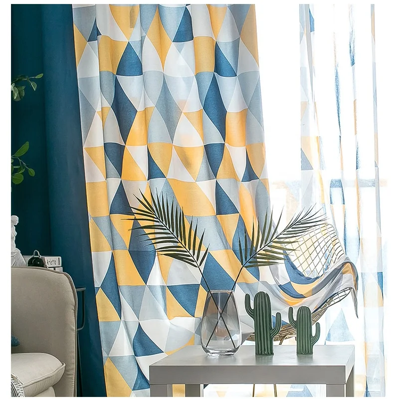 Nordic Style Printed Soft Blackout Sound Insulation Meteor Linen Triangle Printing Stitching Curtain Rideaux Salon Moderne