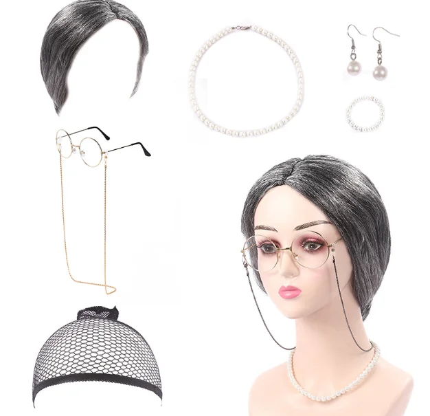 Old Lady Cosplay Set 7pcs Women Costume Granny Wig Cap Glasses Chain Cords Faux Pearl Bead Necklace Earrings Bracelet Halloween