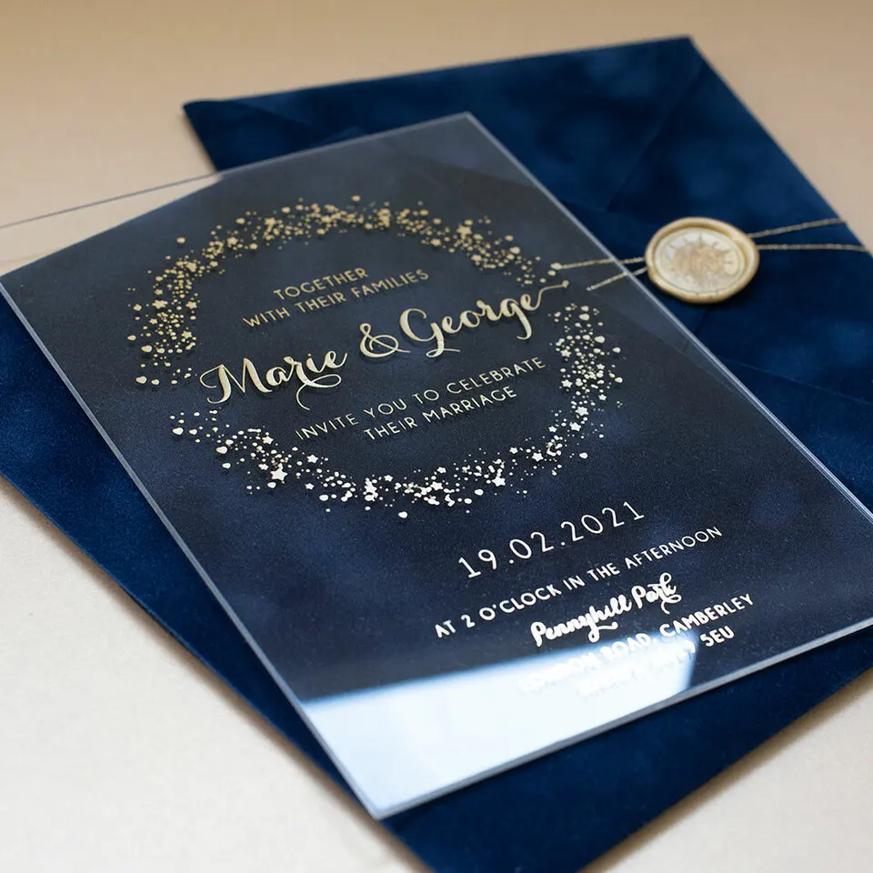 Clear Acrylic wedding Invitation Cards Plastic Glass Gold Foil Embossing Acrylic Wedding And Reception Invitations Cards