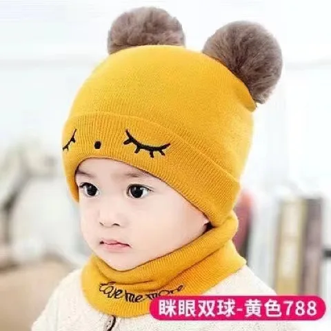 Wholesale Custom 0-12m Winter soft warm Baby Knitted Hats Knitted Newborn Baby Hat And Scarf Set With Fur Pom