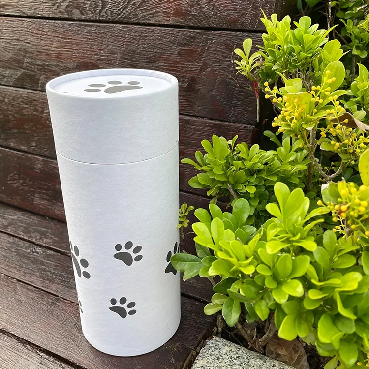 Biodegradable paper tube packaging cat paw printed pet urn cremation ashes animal coffin casket outdoor water river