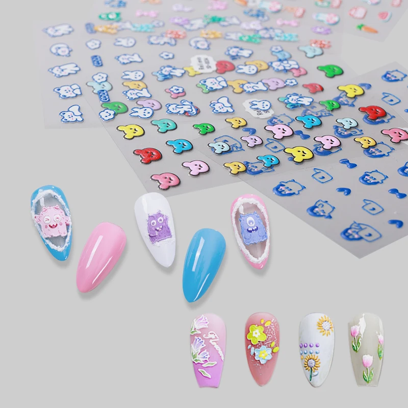 Cute Cartoon Nail Art Stickers Rainbow White Cloud Bear 5D Self-Adhesive Nail Decals Rabbit Panda Craft Design Nail Accessories