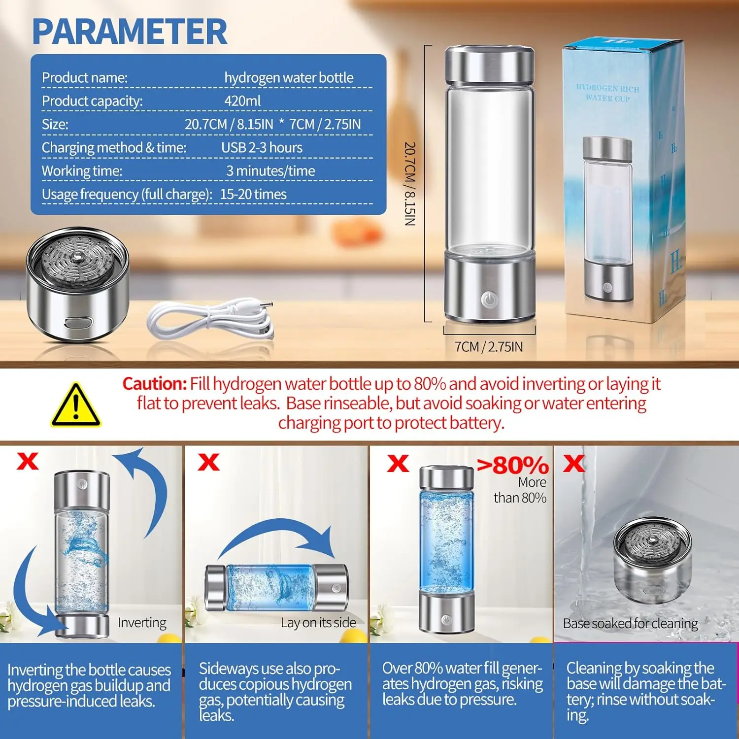 USB Rechargeable Hydrogen Water Generator 400ml Hydrogen Water Bottle Hydrogen Rich Water Glass Health Cup for Home Travel