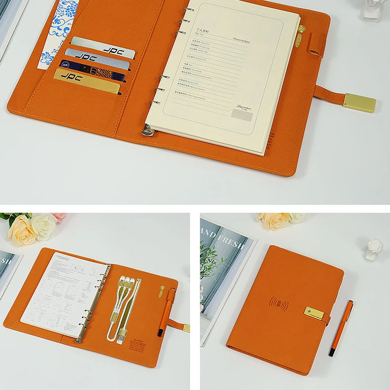 Wholesale orange gift sets 5 in 1  orange color Thermos cup gifts set Notebook USB Pen Drive Name Card Case Corporate Gift Set