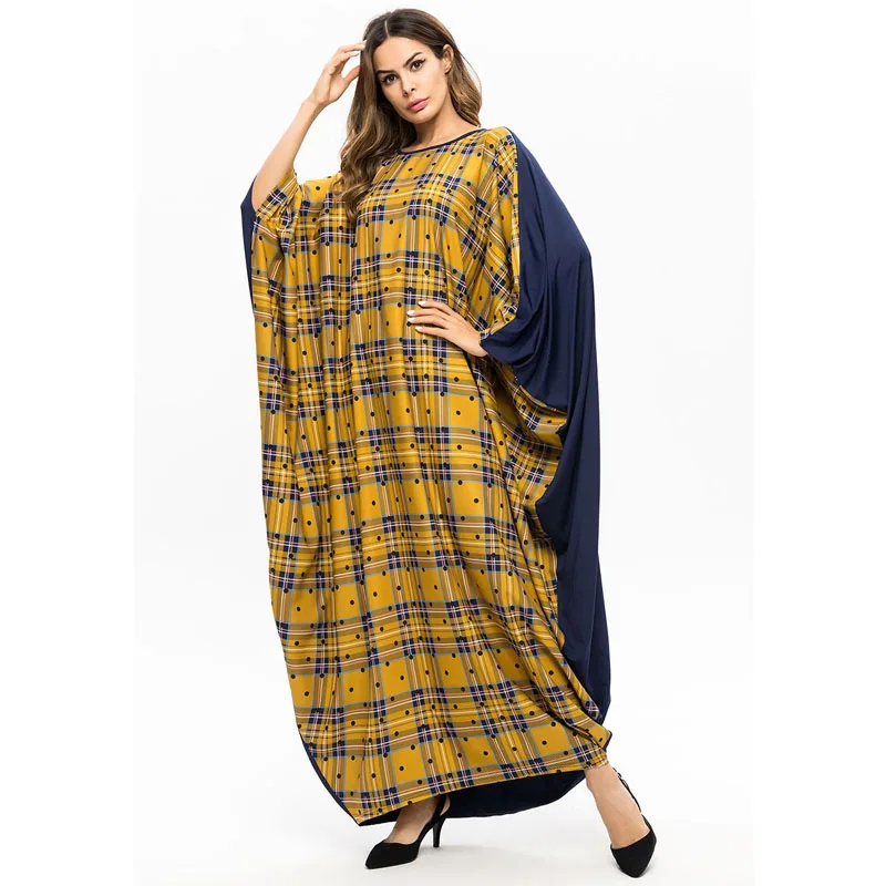 
Casual Maxi Dress Muslim Abaya Bat Sleeve Long Robe Gowns Loose Style Plaid Trim Turkey Middle East Moroccan Islamic Clothing 