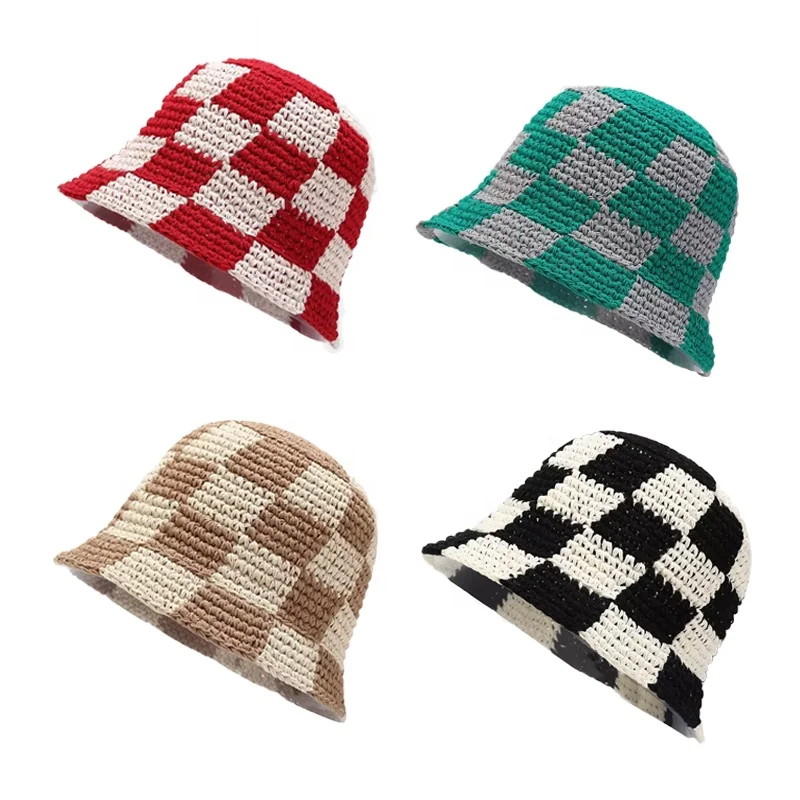 Wholesale Winter Fall Womens Round Brim Checkerboard Hat Custom Logo Knit Crocheted Bucket Hats