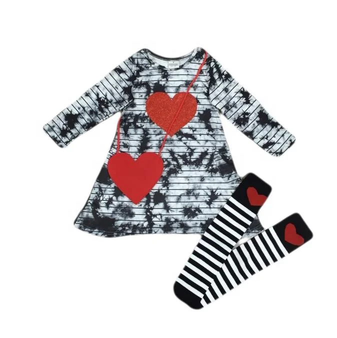 2021 new arrival baby girls valentines big heart with purse sock tie dye A-line dress