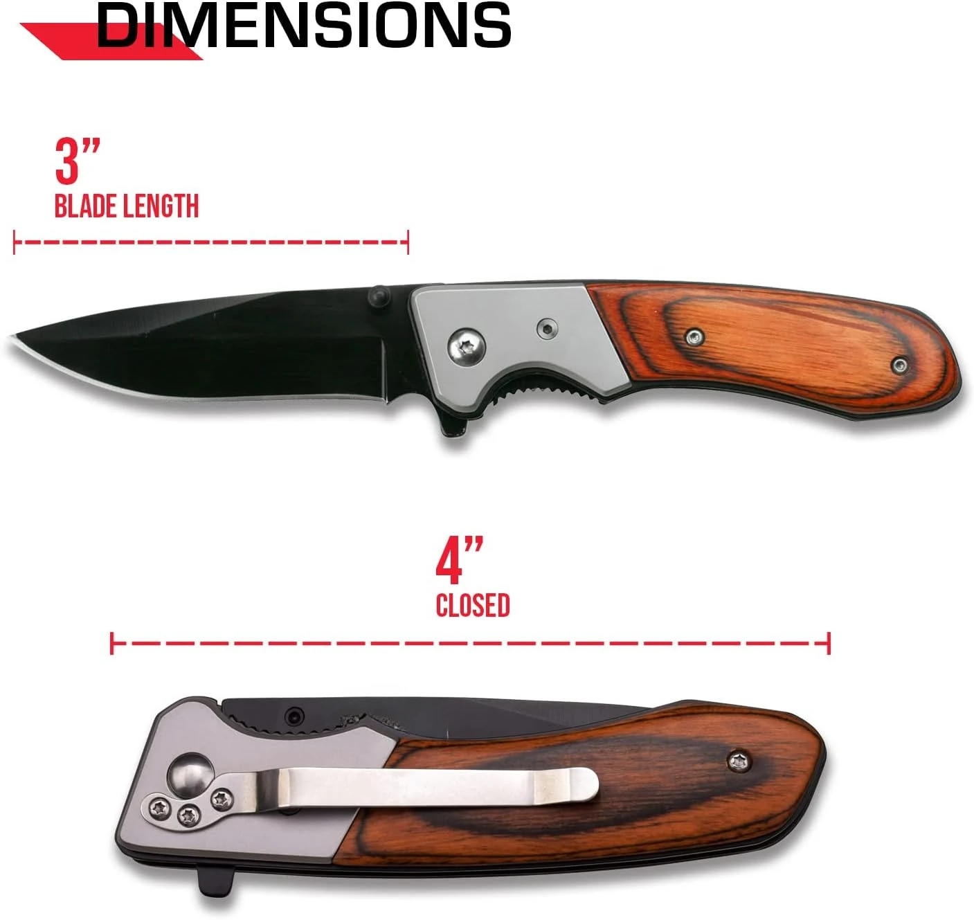 Folding Pocket Knife Stainless Steel Drop Point Blade, Brown Wood Handle with Stainless Steel  Pocket Clip, Tactical, EDC,