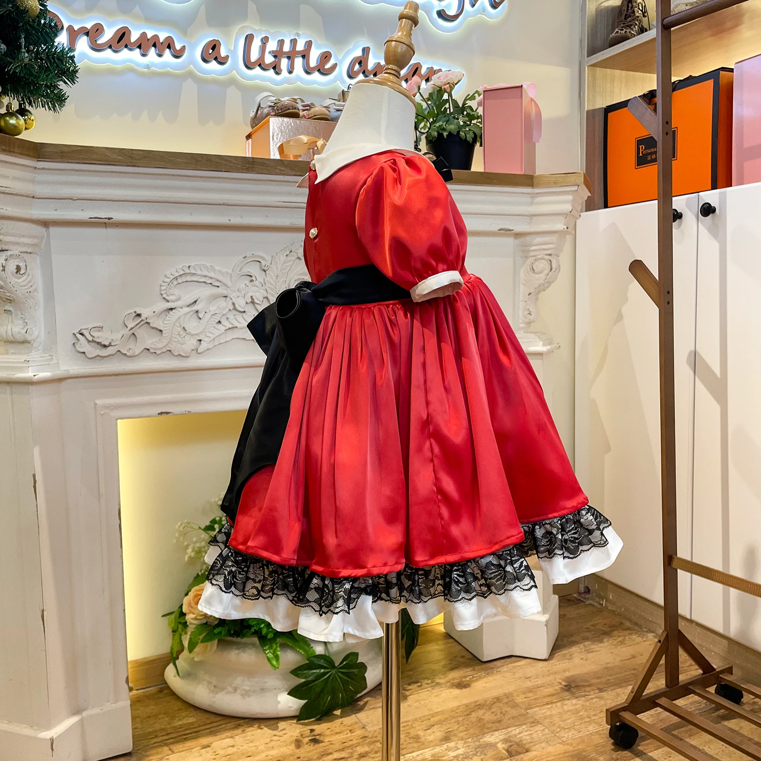 custom red kids polyester dresses party wedding birthday prom 3 Colors Gown 2 to 8 Years Old puff sleeves girls dresses