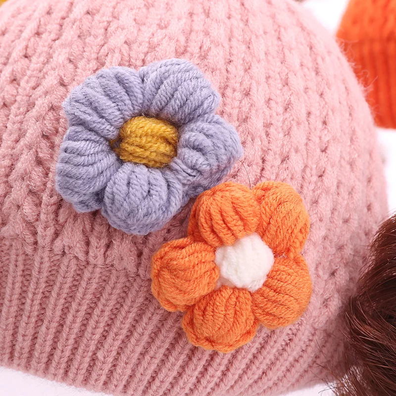 Детская утепленная вязаная шапка, теплая вязаная крючком шапка с цветами, для осени и зимы