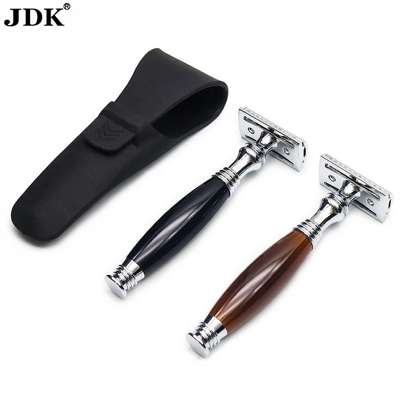 Long Handle Razor for Men Razor Set Metal Resin Handle Reusable Double Edge Safety Razor with Pouch