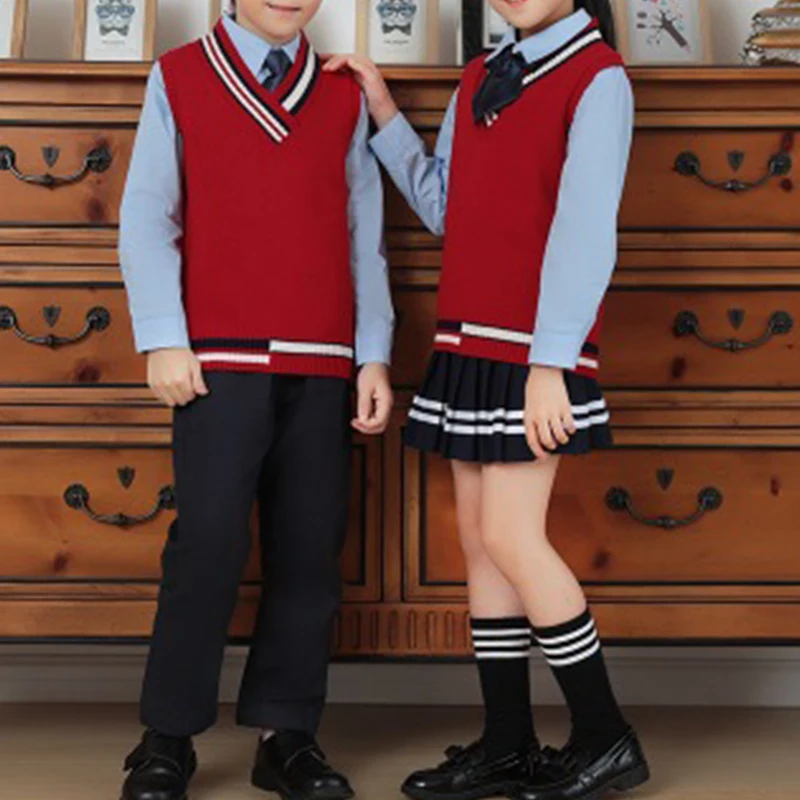 OEM Custom Girls Sweater Pullover Cardigan School Uniforms For Girl  Long Sleeve V Neck Cotton Knit Sweater