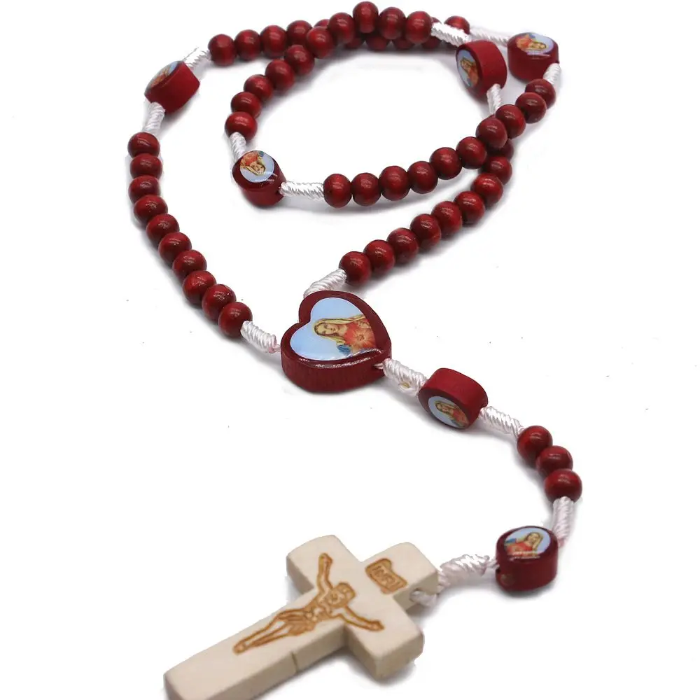 Christ Jesus Wooden Beads Rosary Bead Cross Pendant Red Chartlet Chain Necklace Religious Jewelry