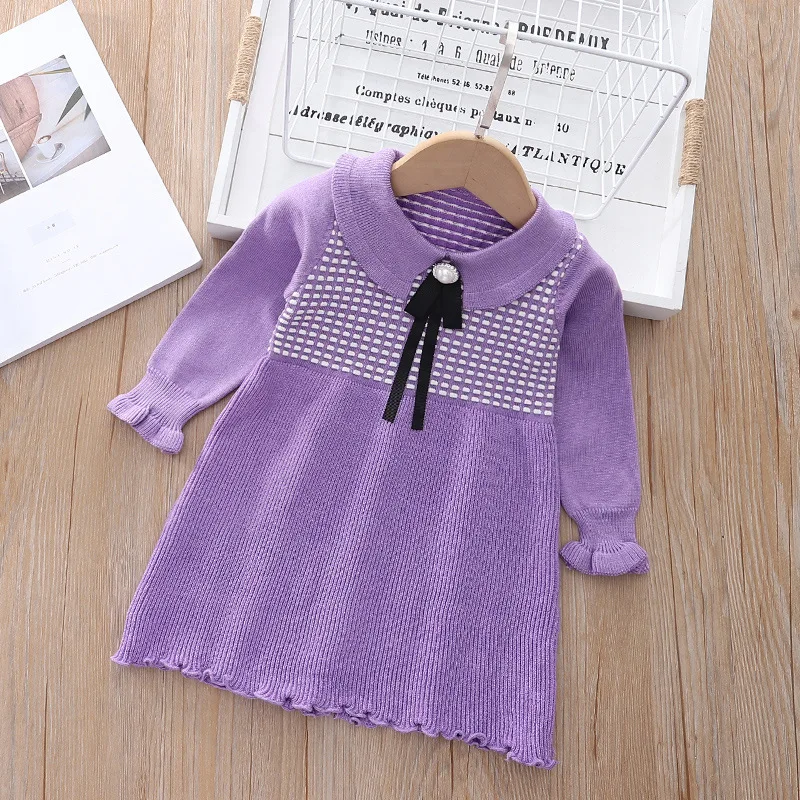 Autumn and winter 1-8 years old little girl knitted doll collar sweater dress sweet beauty baby long-sleeved knitted skirt