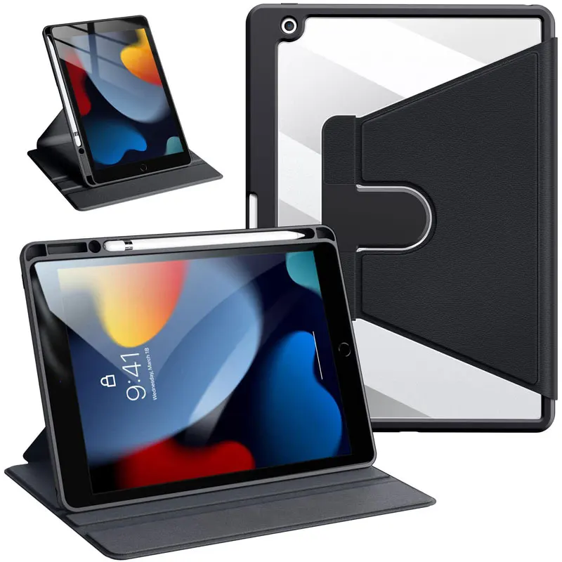 360 Rotating Case for iPad 10.2 Inch 9th 8th 7th Generation 2021 2020 2019 Pencil Holder Transparent Back Slim Auto Smart Cover