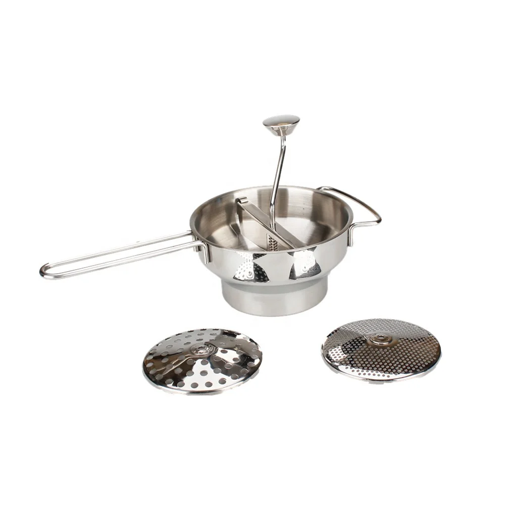 Ergonomic Food Mill Stainless Steel Vegetable Mill With 3 Grinding Discs, Milling Handle & Bowl - Rotary Food Mill