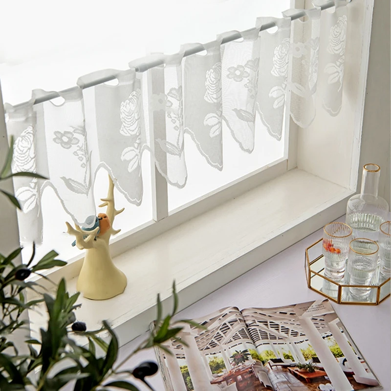 Floral Printed Gauze Drape Sheer Door Valance White Lace Window Short Sheer Curtains