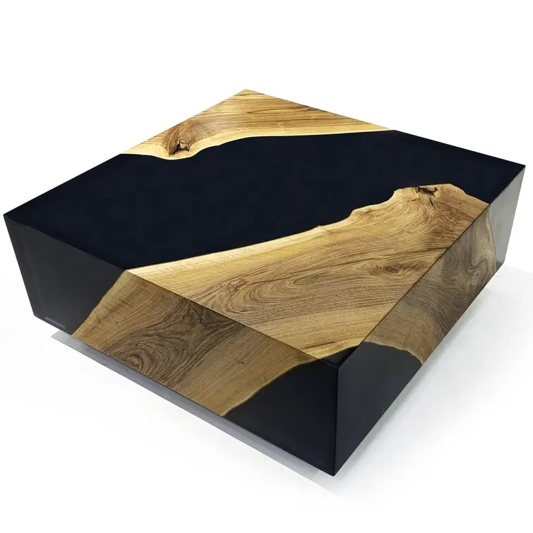 The solid wood coffee table with contemporary cube black wood grain is creatively placed in the living room and office