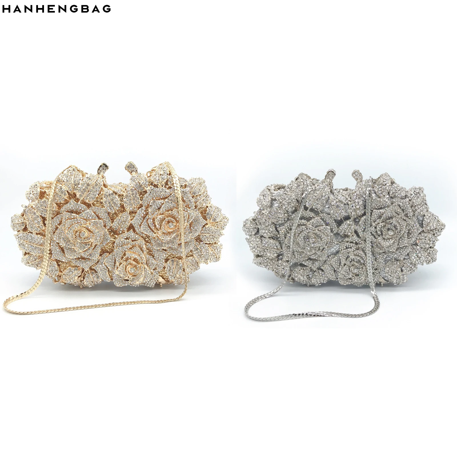 Hot selling Luxury Crystal Rose Wedding Dress Evening Bag Diamond Clutch Purse Handmade Bag Rhinestone Clutches