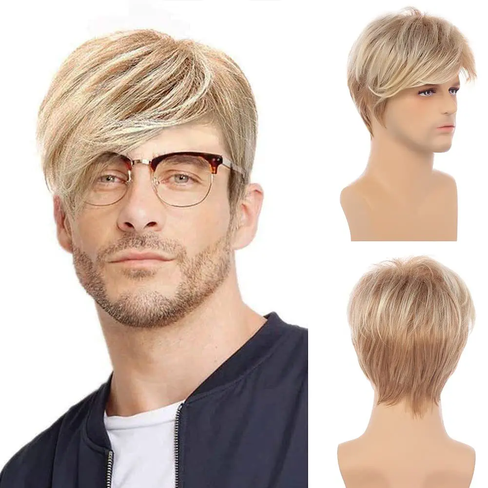 Wholesale Price  White Male Blond Wigs Fluffy Natural Layered  Men Wig Long Bangs Natural Synthetic Hair Wigs