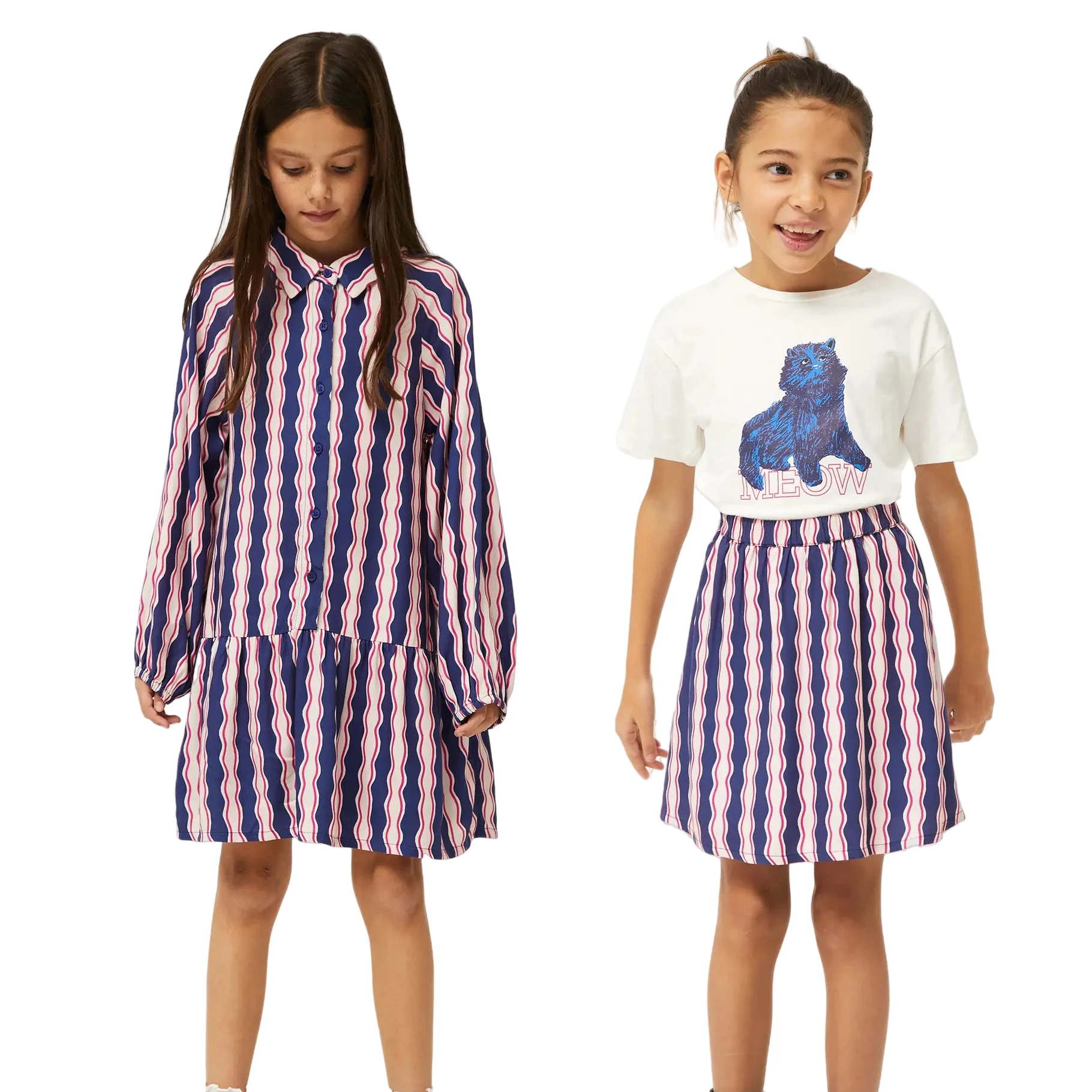 Custom Cotton Shirt Dress and Matching Casual Style Little Sister Skirt for Girls Fancy Allover Print Outfits for Children