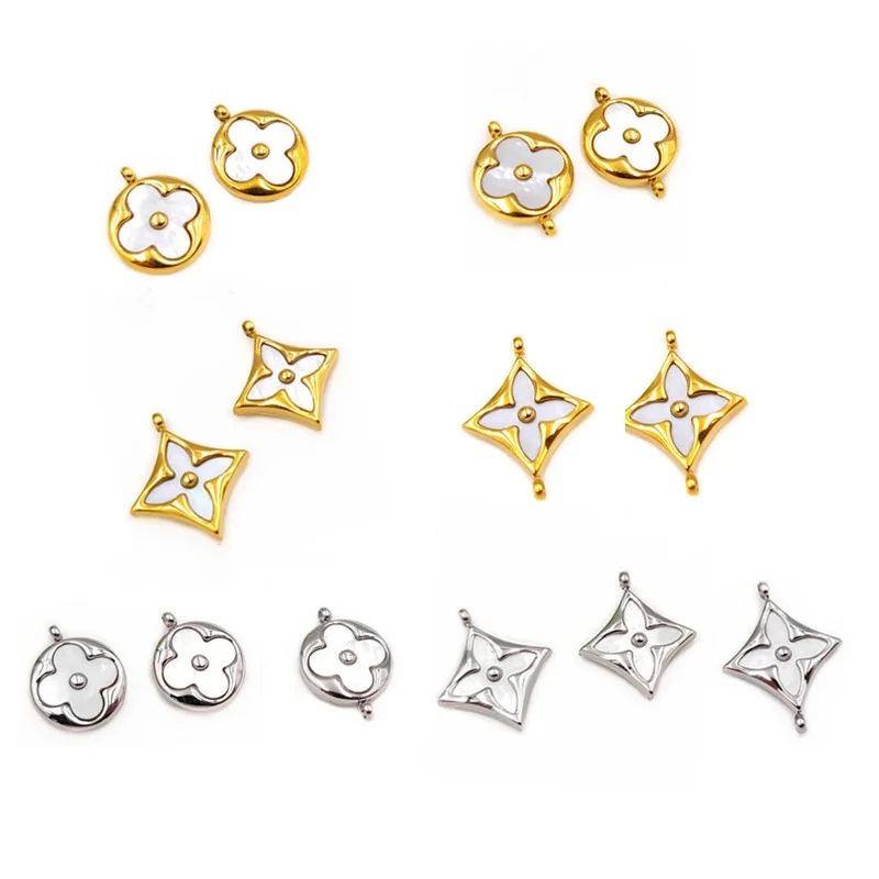 Hot Selling Nature Pearl Shell Clover Charm Pendant Stainless Steel Square Flower Four-Leaf Stud Earring PVD DIY Accessories