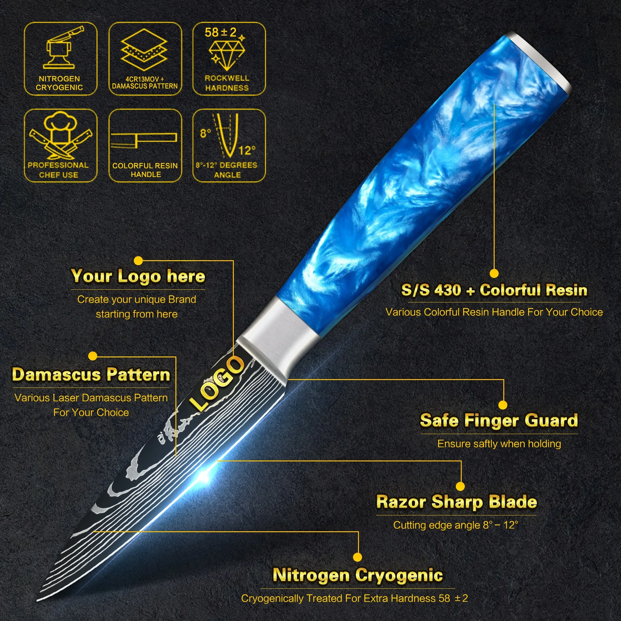 Sapphire Blue Resin Handle 3 Inch Japanese High Carbon Damascus Steel Kiwi Peeling Knife Fruit Paring Knives With Gift Box