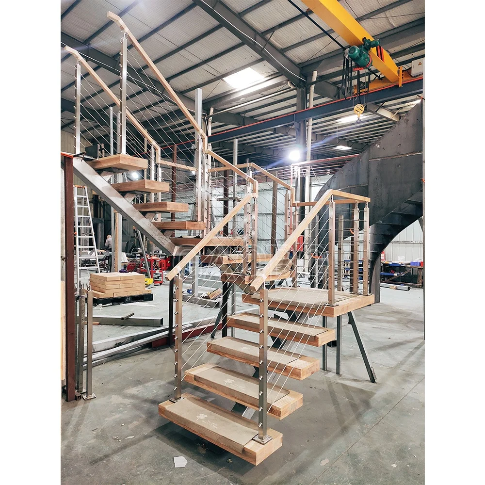 Loft Mono Stringer Stair Wood Handrail And Tread Stainless Steel Support Tempered Glass Fence For Indoor Staircase
