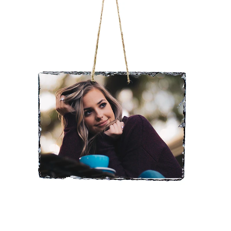 Customized picture heat transfer slate photo and sublimation blank rock slate photo frame with lanyard