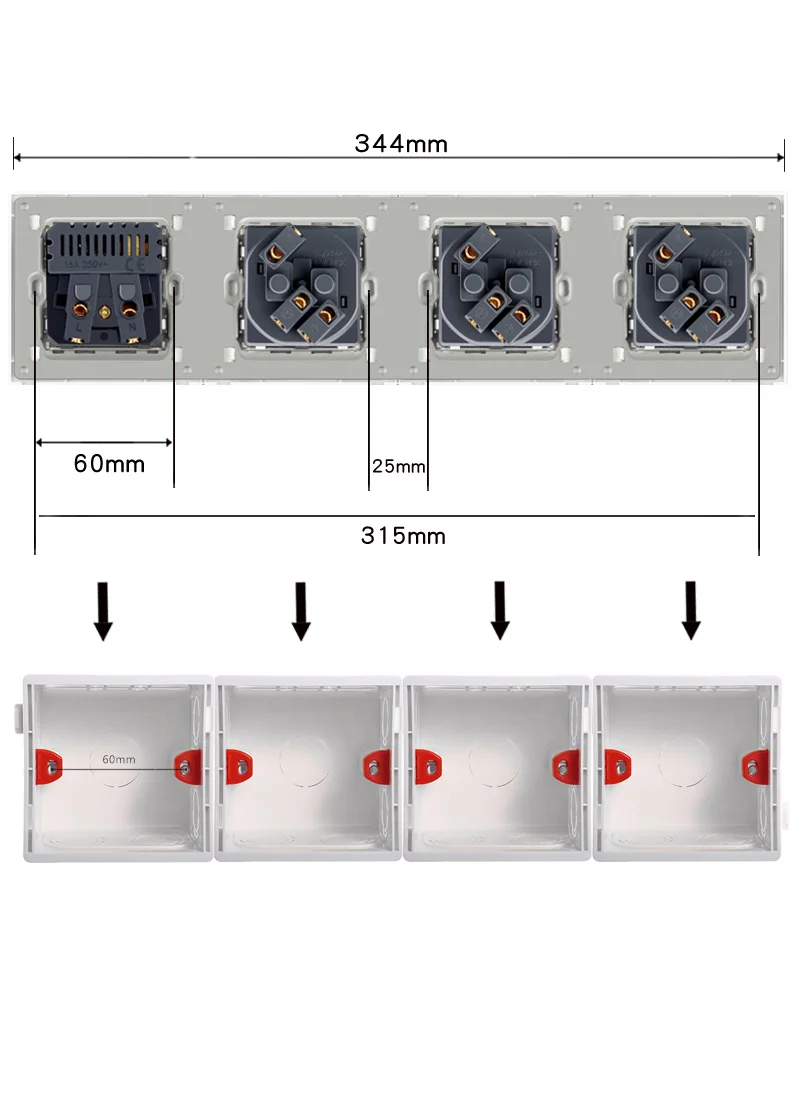 Professional switch factory German plastic panel 4 Gang wall socket with 4 USB charging ports