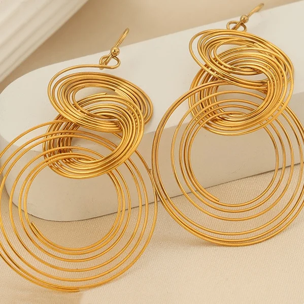 Hyperbole Multi Layer Interlocking Coil Hook Earring 18K Gold Plated 316L Stainless Steel Mosquito Coil Drop Earring