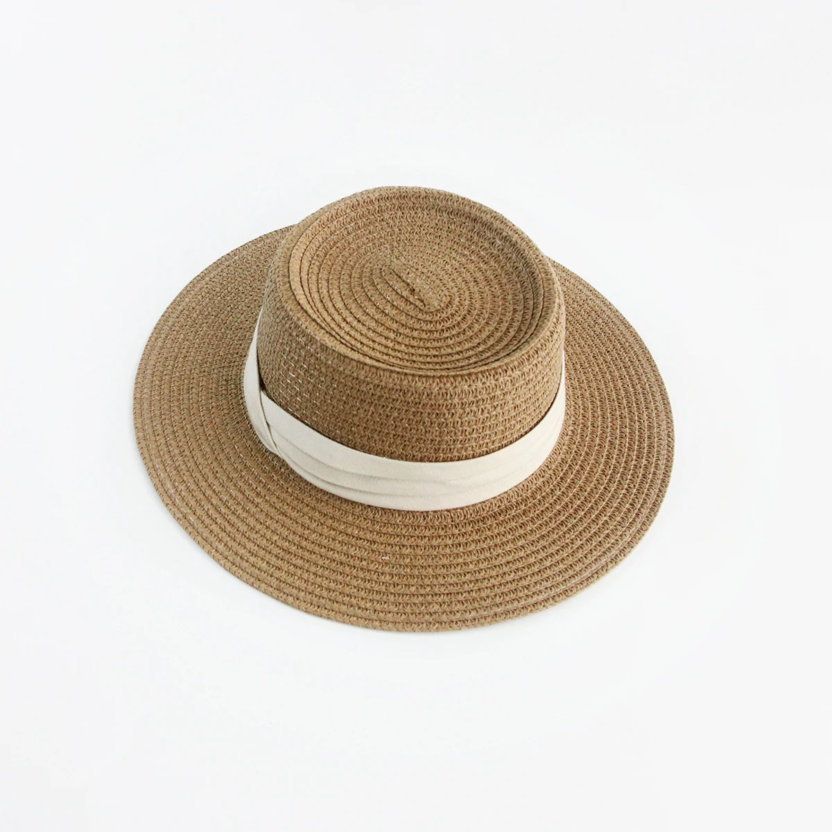 Outdoor Flat Top white black Ribbon Narrow Brim Flat Top Sun Boater Beach Hats Round  Bucket Hat