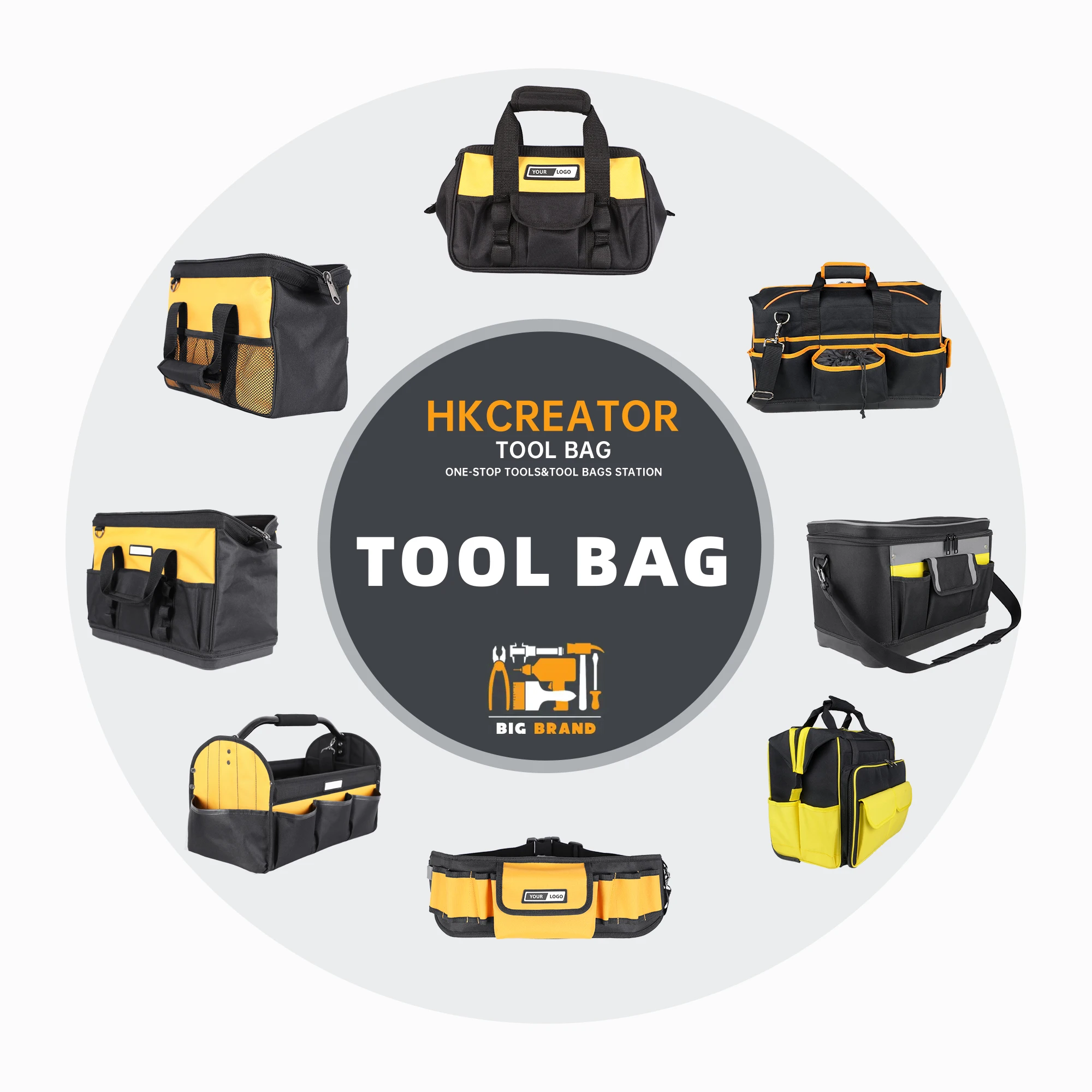Polyester textile tote with steel bar handle multifunction top opening tote tool organizer tote bag