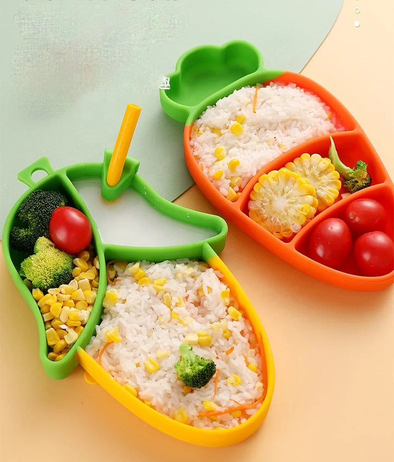 New Style Baby Feeding Tableware Box Set Gifts Baby Silicone Plate Spoon & Fork and Detachable Straw Set