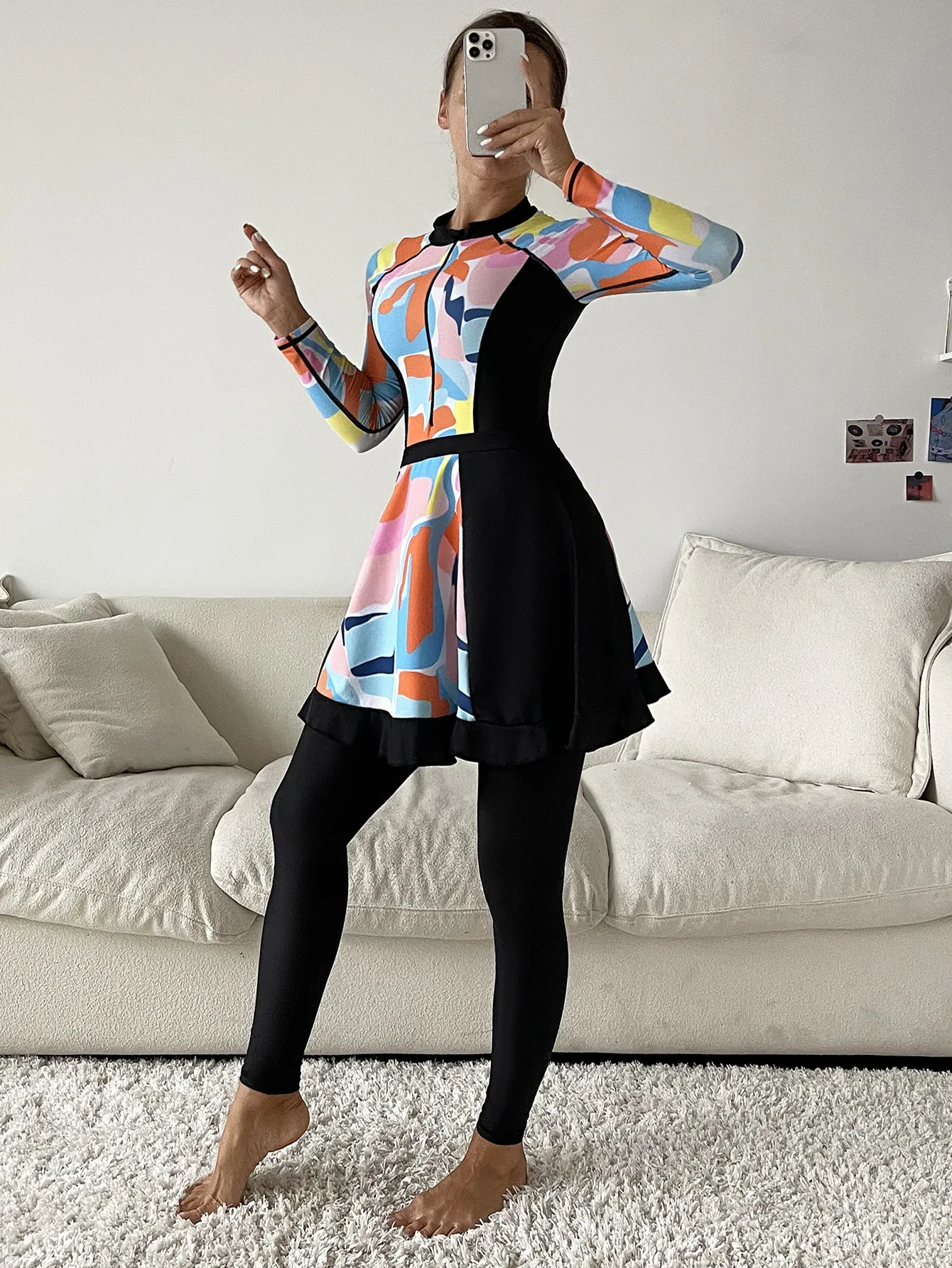 S-XL Drop Shipping One-piece Top Graphic Printing 3 Piece Sets Full Cover Long Sleeve Burkini Muslim Swimwear Women