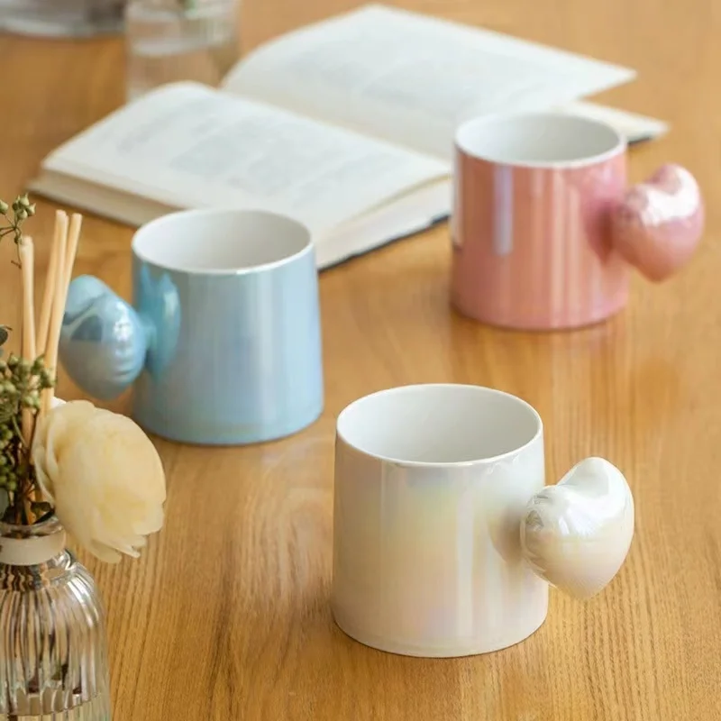 factory direct sell korea ins unique 3D love handle ceramic cup Nordic creative pearl color fairy mug coffee cup