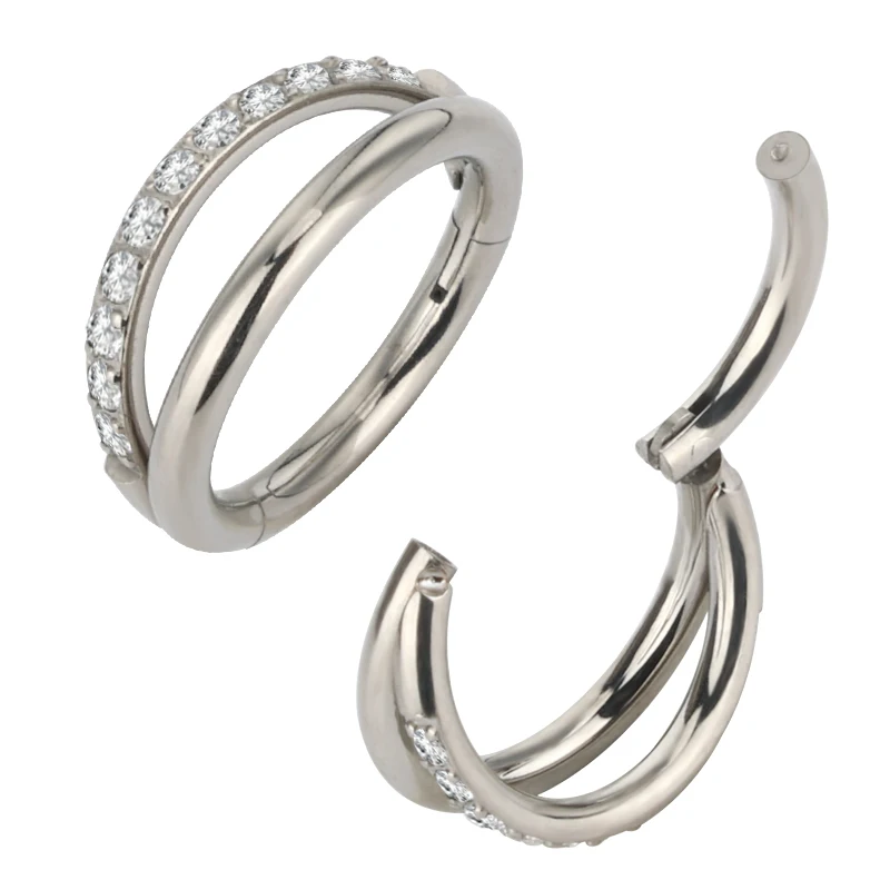Piercing Earring Nose Nail Jewelry G23 Titanium 2 Fans Out Design Side Facing with CZ Pave One Side Segment Ring