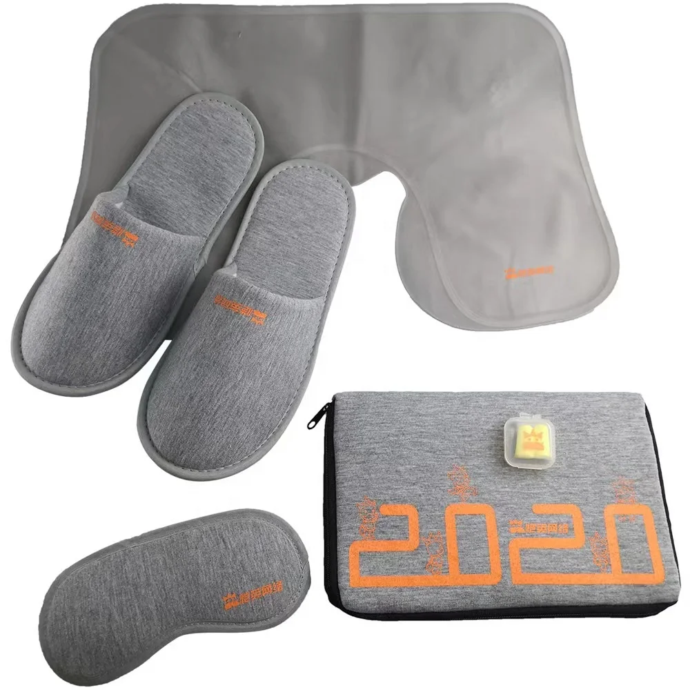 New Airplane Travel Set Inflatable Pillow Airline Kit With Neck Support Slippers Ear Plugs