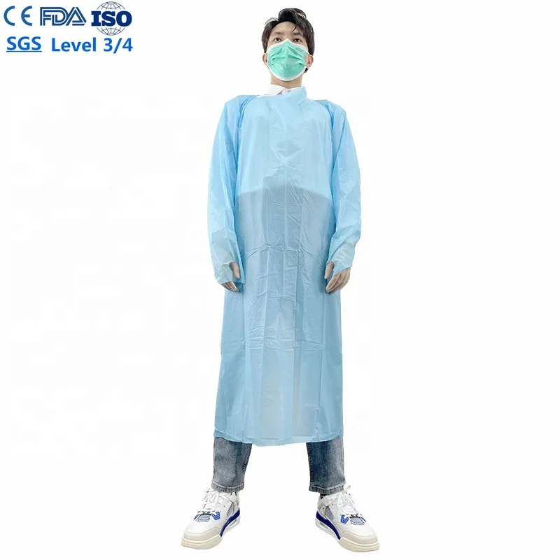 Factory Wholesale ASTM F1670 disposable CPE gown with tumb loop 510K blue apron dentist for Hospitals