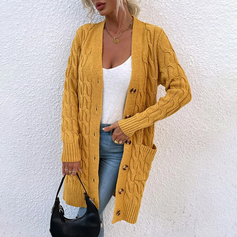 Knit sweater long button cardigan 2021 autumn and winter new twisted rope twist sweater women