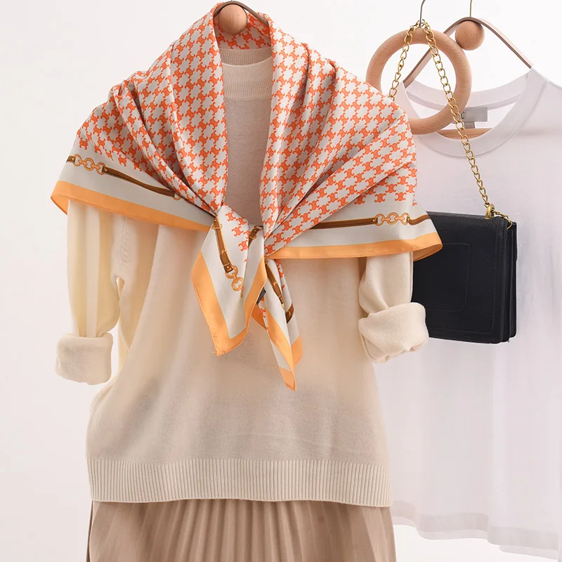 Luxury Woman Big Polyester Summer Digital Printing Scarves Custom Printed Personalized long Square Satin Silk Hijab Scarf